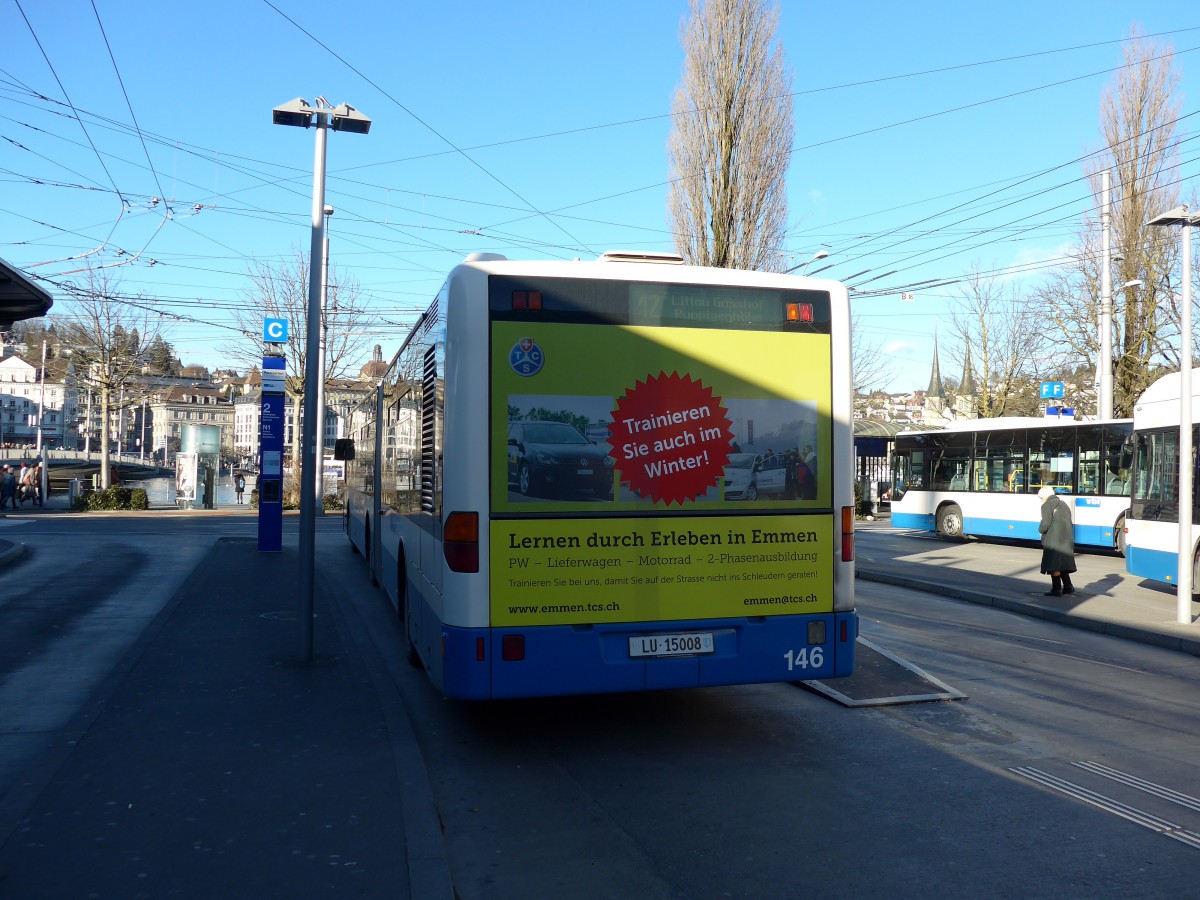 (148'831) - VBL Luzern - Nr. 146/LU 15'008 - Mercedes (ex Heggli, Kriens Nr. 708) am 9. Februar 2014 beim Bahnhof Luzern