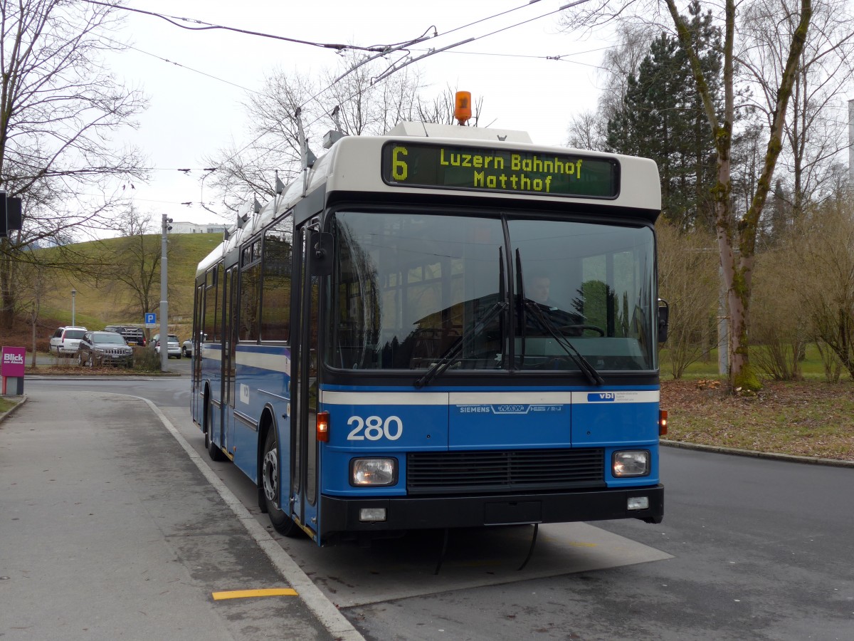 (149'011) - VBL Luzern - Nr. 280 - NAW/R&J-Hess Trolleybus am 16. Februar 2014 in Luzern, Bttenhalde