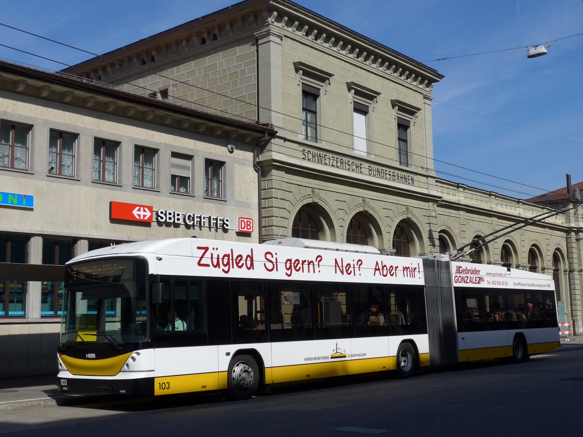 (149'404) - VBSH Schaffhausen - Nr. 103 - Hess/Hess Gelenktrolleybus am 29. Mrz 2014 beim Bahnhof Schaffhausen