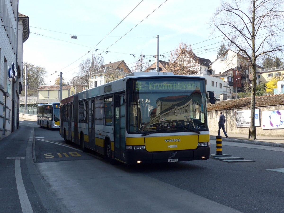 (149'425) - VBSH Schaffhausen - Nr. 12/SH 38'012 - Volvo/Hess am 29. Mrz 2014 beim Bahnhof Schaffhausen