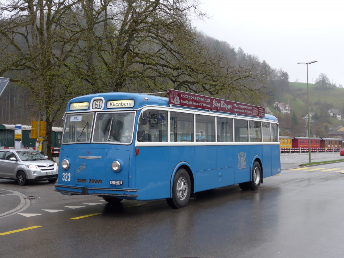 (149'565) - Biegger, Uster - Nr. 3/GL 20'323 - FBW/Tscher (ex DFB Andermatt; ex VBZ Zrich Nr. 323) am 6. April 2014 beim Bahnhof Bauma