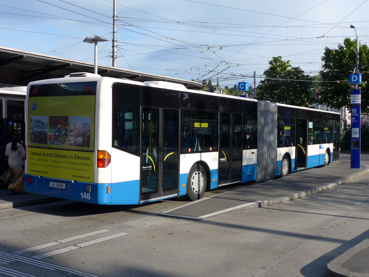 (150'525) - VBL Luzern - Nr. 146/LU 15'008 - Mercedes (ex Heggli, Kriens Nr. 708) am 10. Mai 2014 beim Bahnhof Luzern