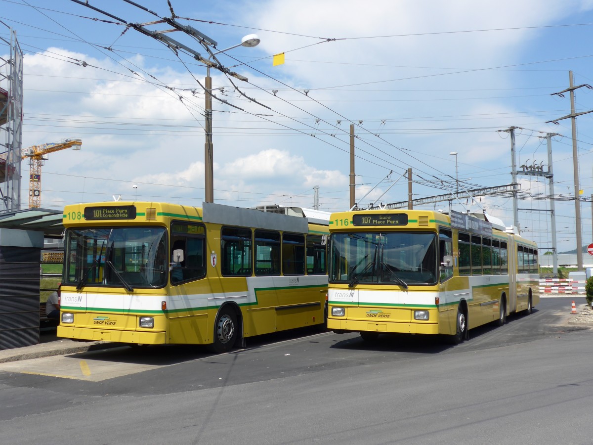 (151'485) - transN, La Chaux-de-Fonds - Nr. 108 - NAW/Hess Gelenktrolleybus (ex TN Neuchtel Nr. 108) + Nr. 116 - NAW/Hess Gelenktrolleybus (ex TN Neuchtel Nr. 116) am 12. Juni 2014 beim Bahnhof Marin