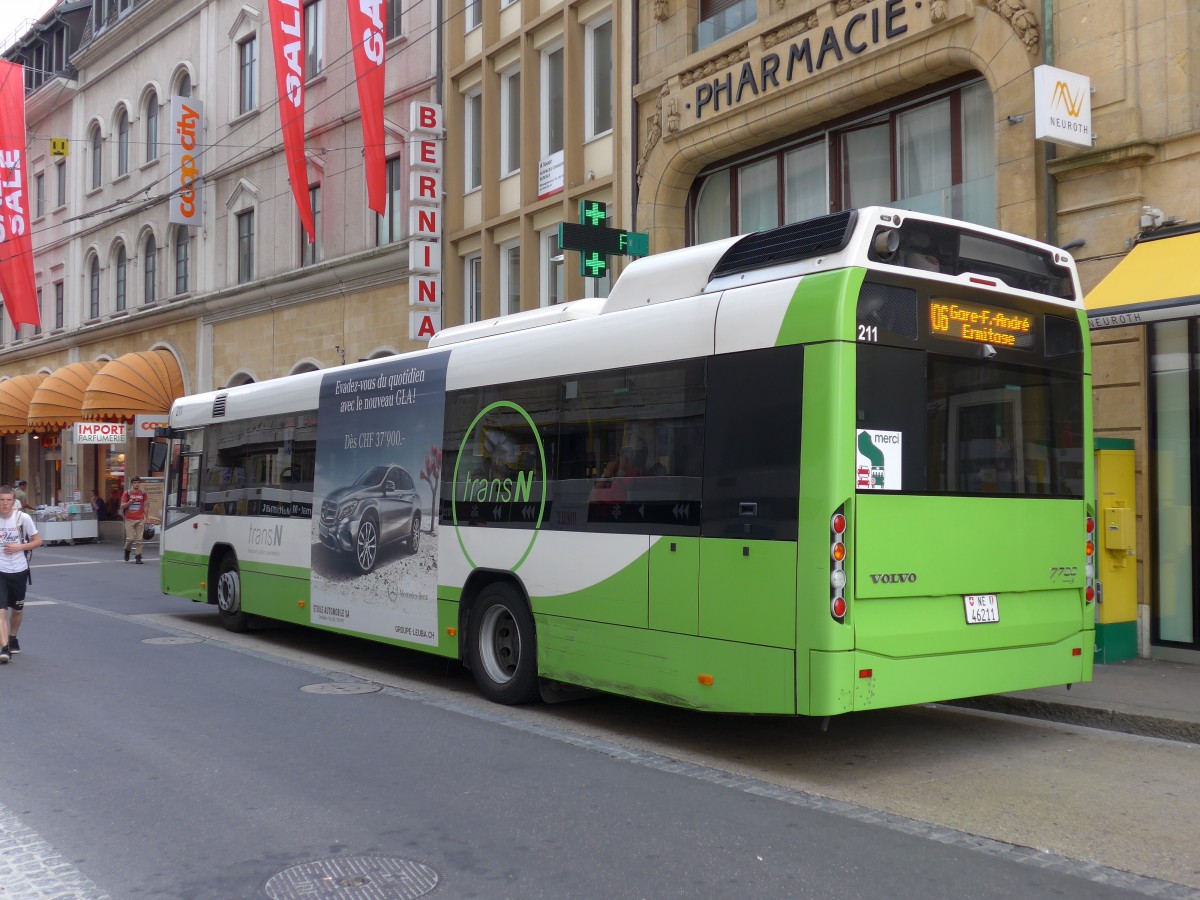 (151'492) - transN, La Chaux-de-Fonds - Nr. 211/NE 46'211 - Volvo (ex TN Neuchtel Nr. 211) am 12. Juni 2014 in Neuchtel, Place Pury