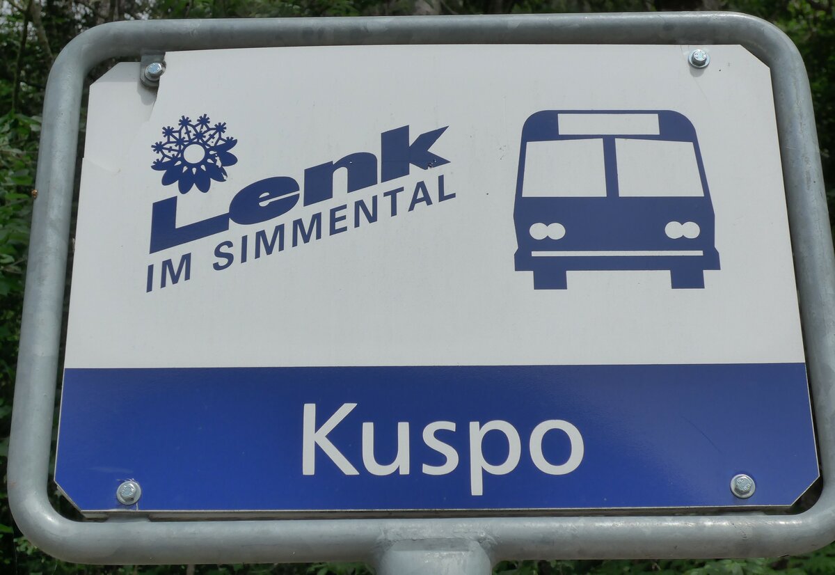 (153'486) - AFA-Haltestellenschild - Lenk, Kuspo - am 27. Juli 2014