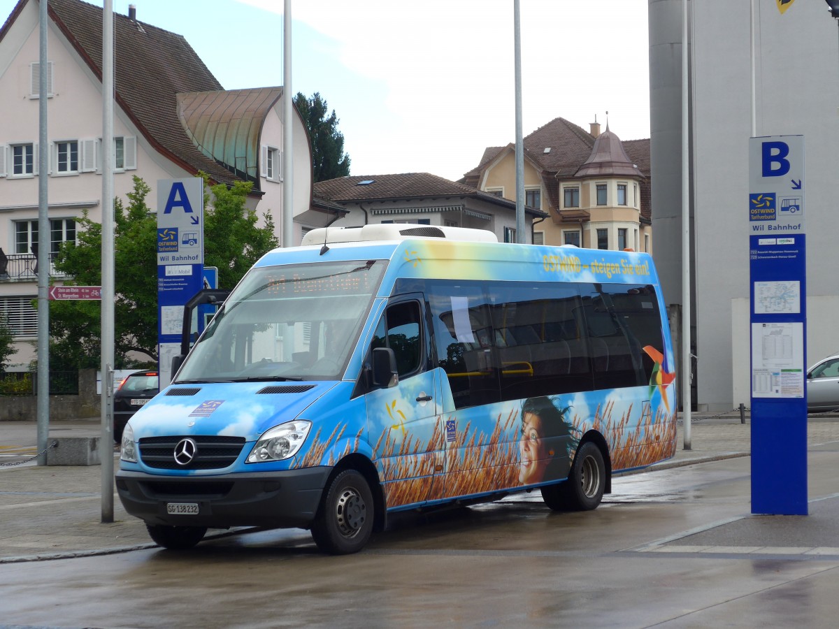 (153'917) - BSW Sargans - Nr. 301/SG 138'232 - Mercedes (ex WilMobil, Wil Nr. 202; ex BOS Wil Nr. 32) am 16. August 2014 beim Bahnhof Wil (Einsatz WilMobil)