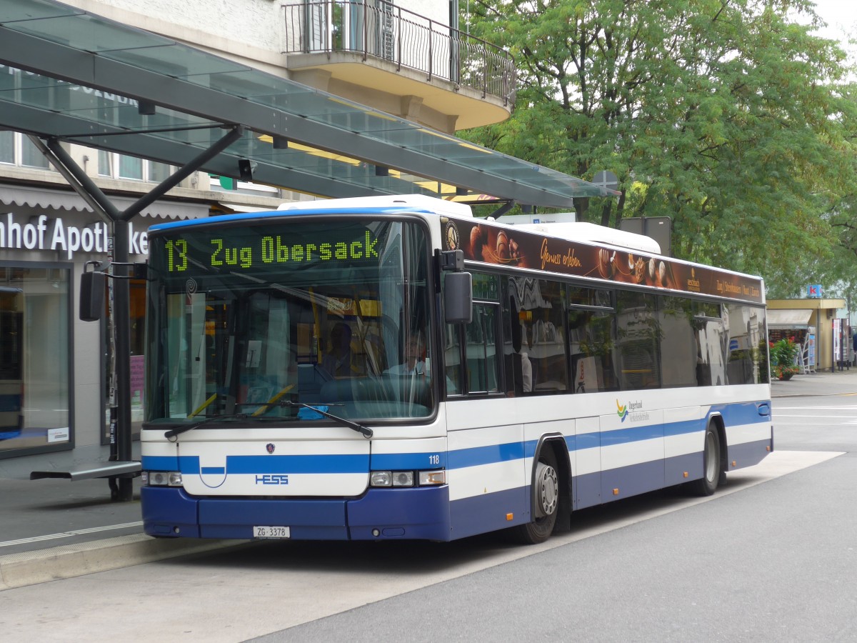 (154'111) - ZVB Zug - Nr. 118/ZG 3378 - Scania/Hess (ex Nr. 18) am 19. August 2014 beim Bahnhof Zug