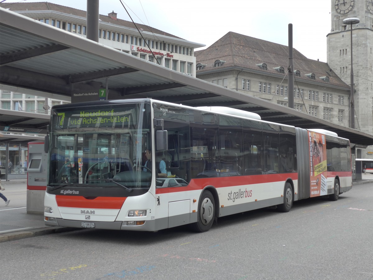 (154'177) - St. Gallerbus, St. Gallen - Nr. 274/SG 198'274 - MAN am 20. August 2014 beim Bahnhof St. Gallen