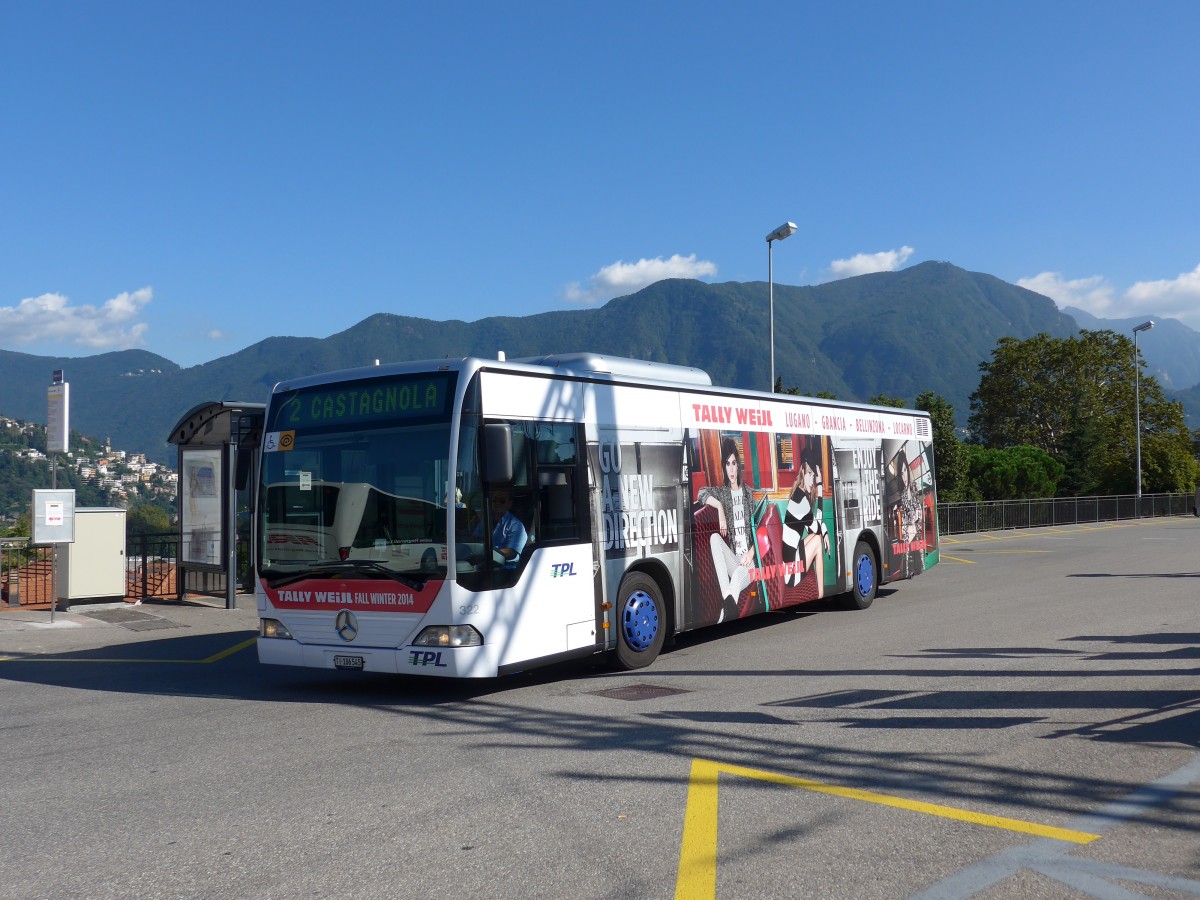 (155'238) - TPL Lugano - Nr. 322/TI 106'545 - Mercedes (ex Nr. 30) am 13. September 2014 beim Bahnhof Lugano