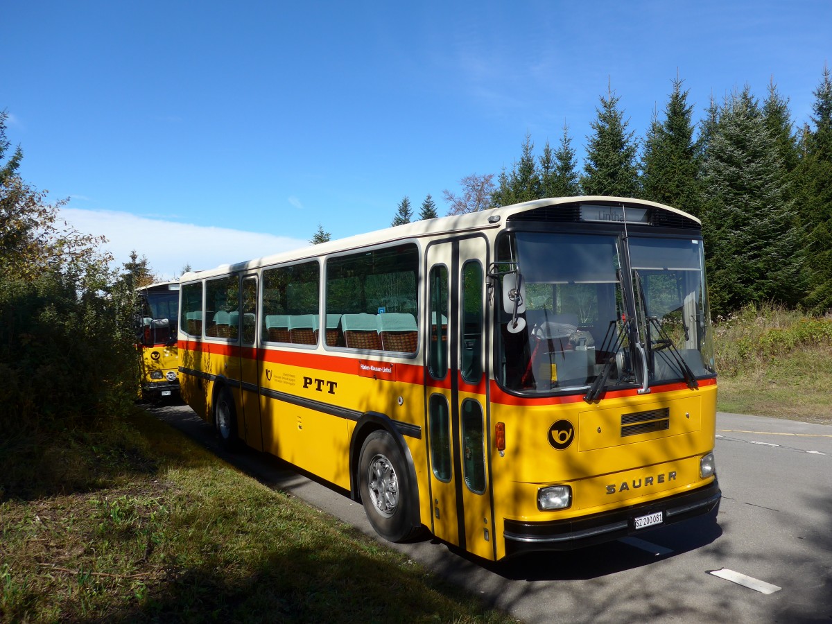 (155'633) - Inkamp, Altendorf - SZ 200'081 - Saurer/Tscher (ex Koch, Giswil; ex Selfors, Meiringen; ex P 24'236) am 12. Oktober 2014 in Willerzell, Rest. Sattelegg