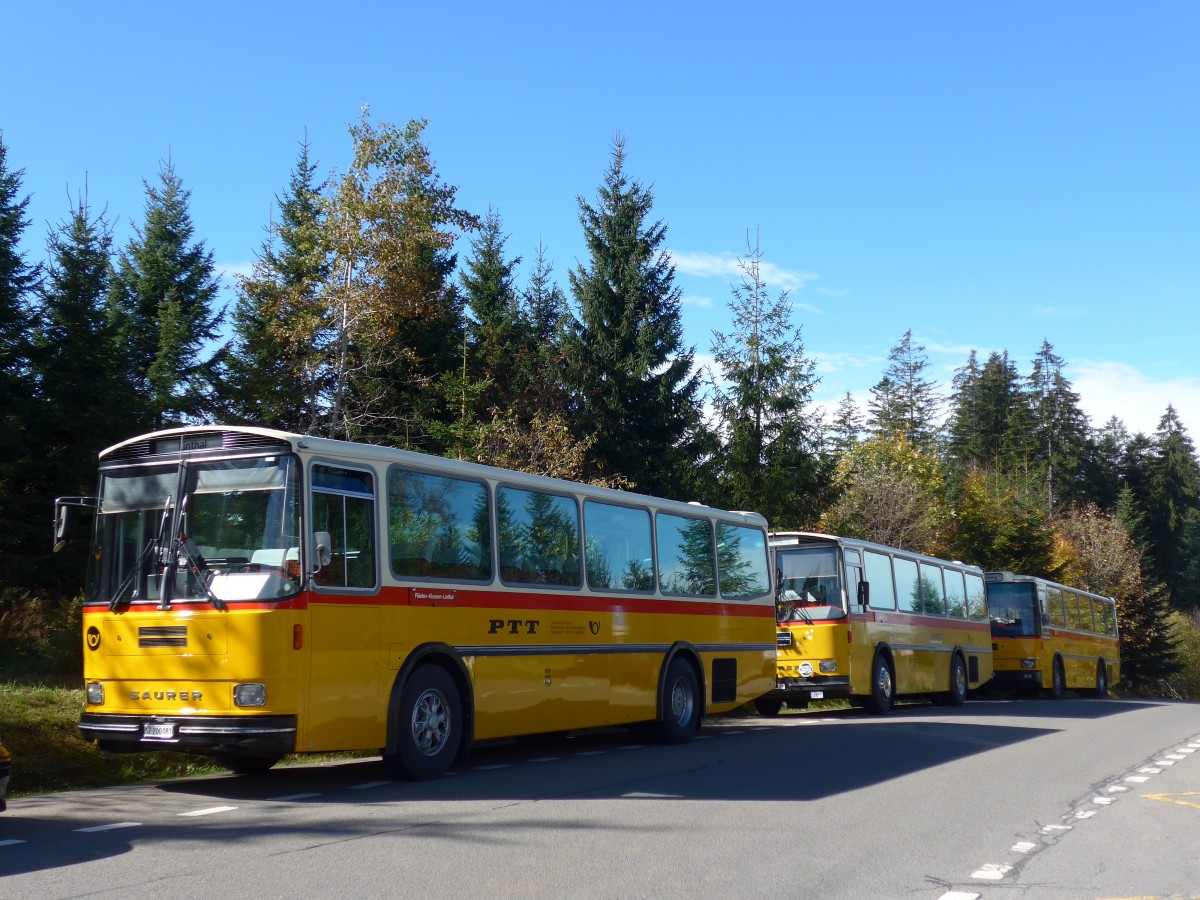 (155'634) - Inkamp, Altendorf - SZ 200'081 - Saurer/Tscher (ex Koch, Giswil; ex Selfors, Meiringen; ex P 24'236) am 12. Oktober 2014 in Willerzell, Rest. Sattelegg