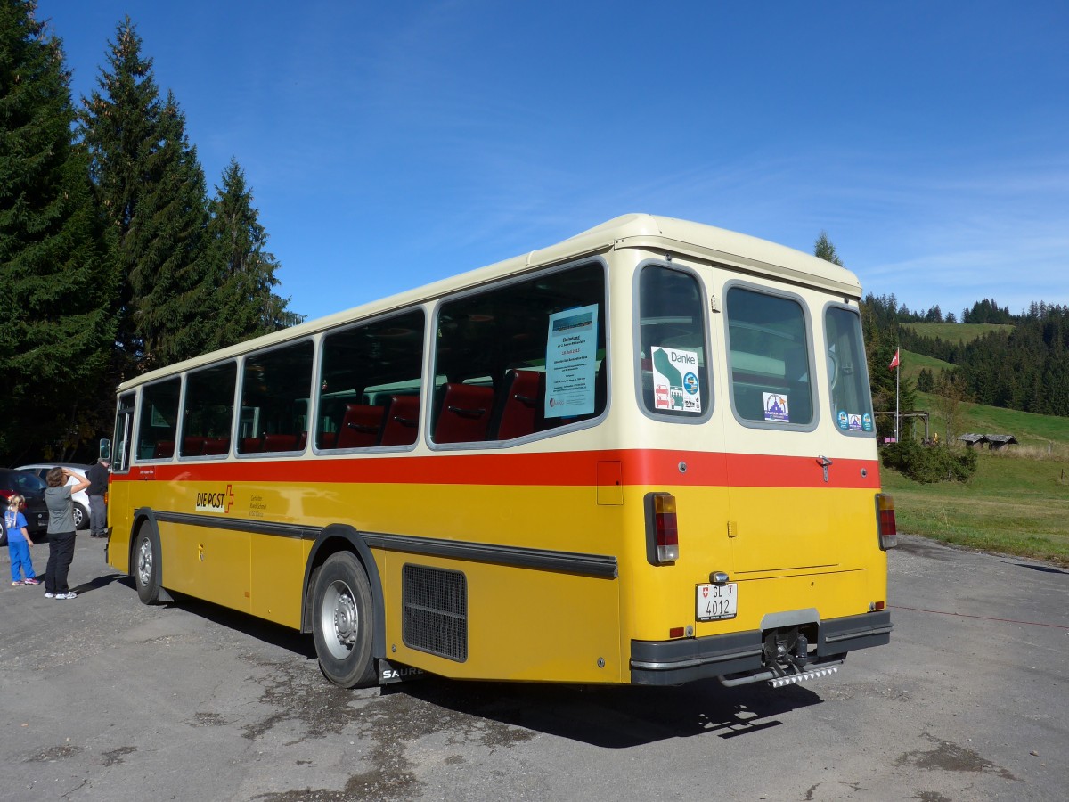 (155'635) - Schmid, Glarus - GL 4012 - Saurer/Tscher (ex Mosimann, Aesch; ex Erne, Full; ex P 24'257) am 12. Oktober 2014 in Willerzell, Rest. Sattelegg