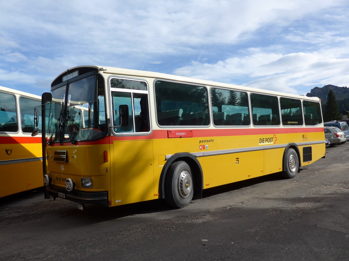 (155'666) - Fssler, Unteriberg - Nr. 6/SZ 5232 - Saurer/R&J (ex Schrch, Gutenburg Nr. 6; ex P 24'358) am 12. Oktober 2014 in Willerzell, Rest. Sattelegg