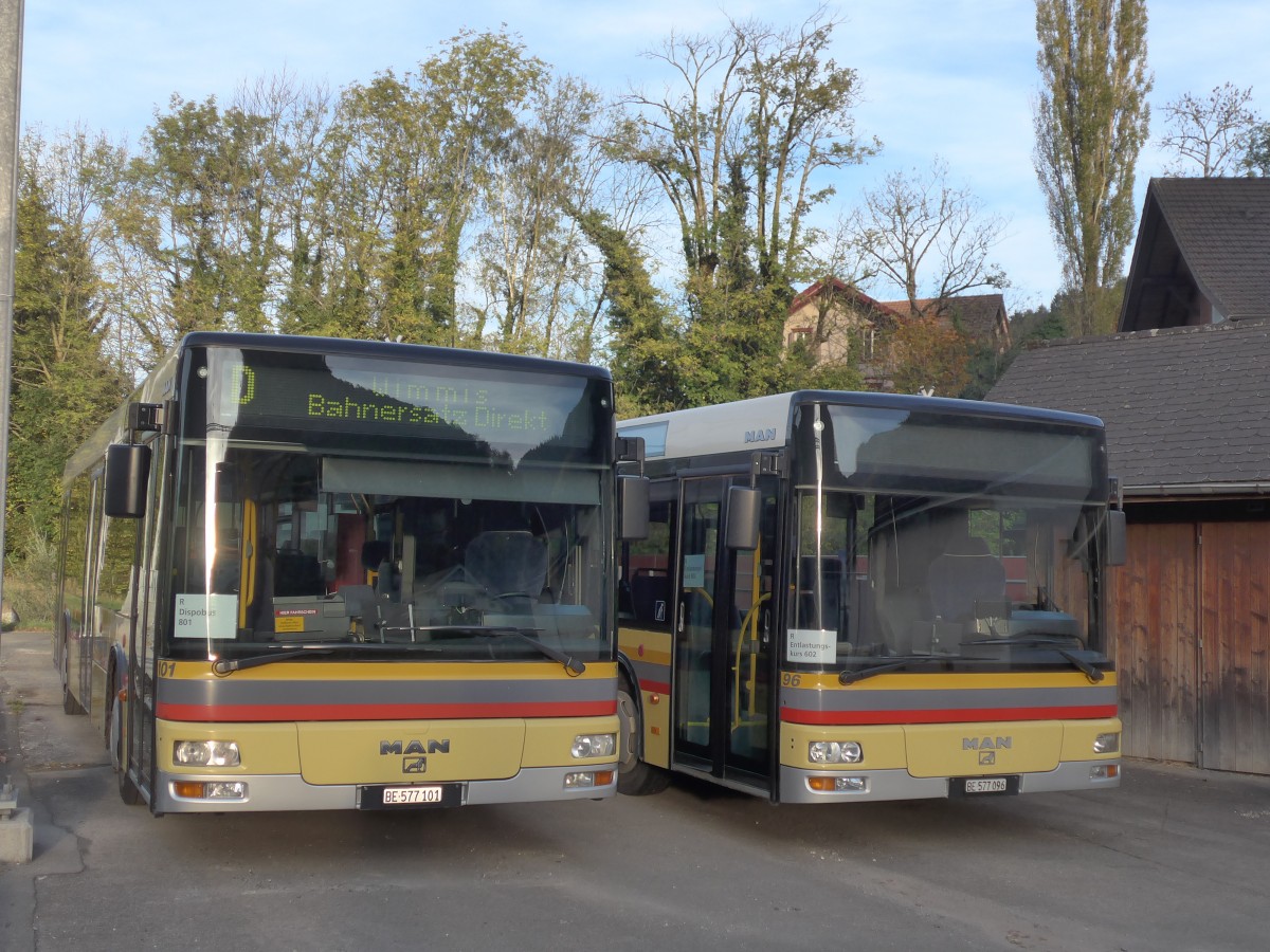 (155'887) - STI Thun - Nr. 101/BE 577'101 - MAN am 19. Oktober 2014 beim Bahnhof Wimmis