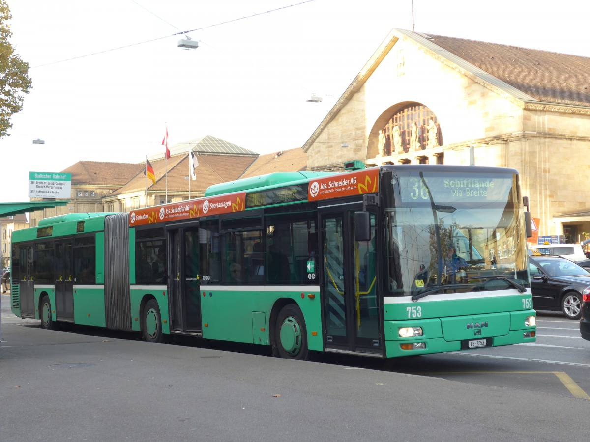 (156'177) - BVB Basel - Nr. 753/BS 3253 - MAN am 27. Oktober 2014 in Basel, Badischer Bahnhof