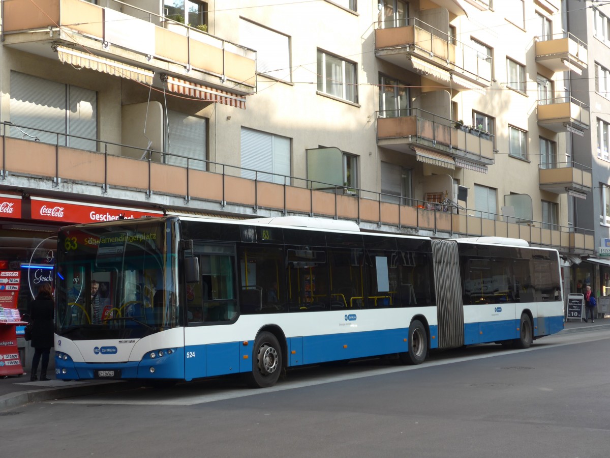 (156'285) - VBZ Zrich - Nr. 524/ZH 726'524 - Neoplan am 28. Oktober 2014 beim Bahnhof Zrich-Oerlikon