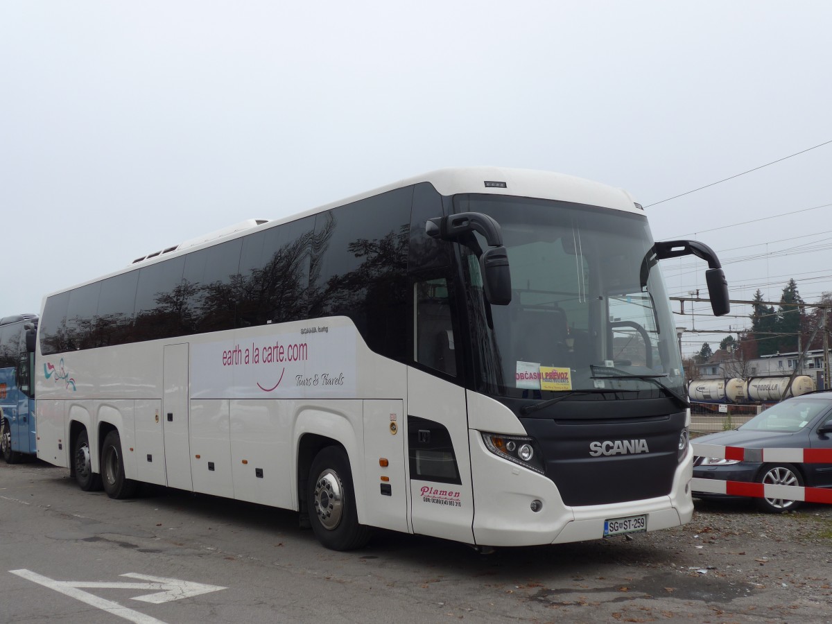 (157'587) - Aus Slowenien: Plamen, Slovenj Gradec - SG ST-259 - Scania/Higer am 30. November 2014 in Thun, CarTerminal