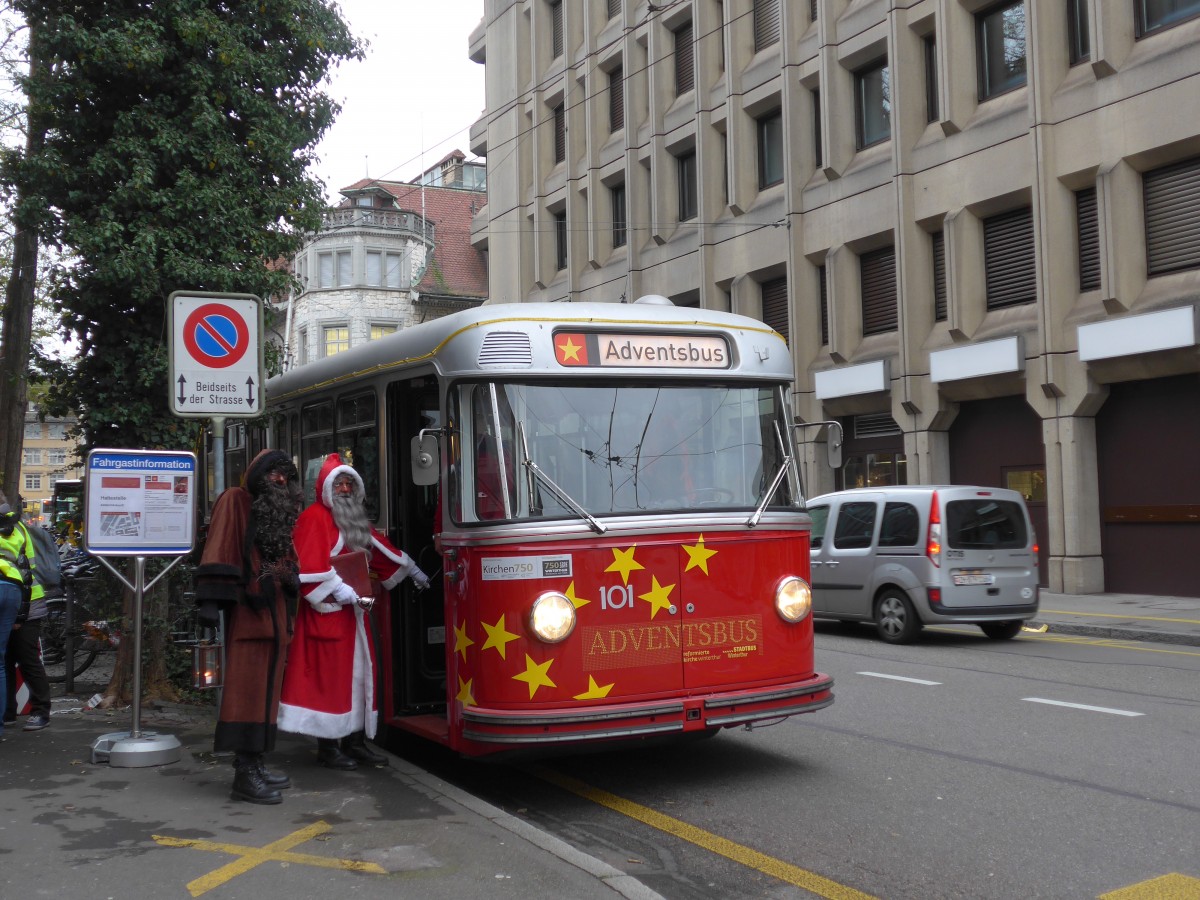 (157'646) - VW Winterthur - Nr. 101 - FBW/SWS Gelenktrolleybus am 6. Dezember 2014 in Winterthur, Bankstrasse