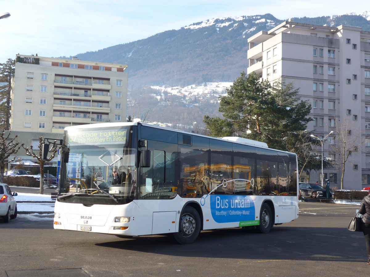 (158'116) - TPC Aigle - VS 241'236 - MAN/Gppel (ex Evasion, St-Maurice; ex Richard, Mex) am 2. Januar 2015 beim Bahnhof Monthey CFF