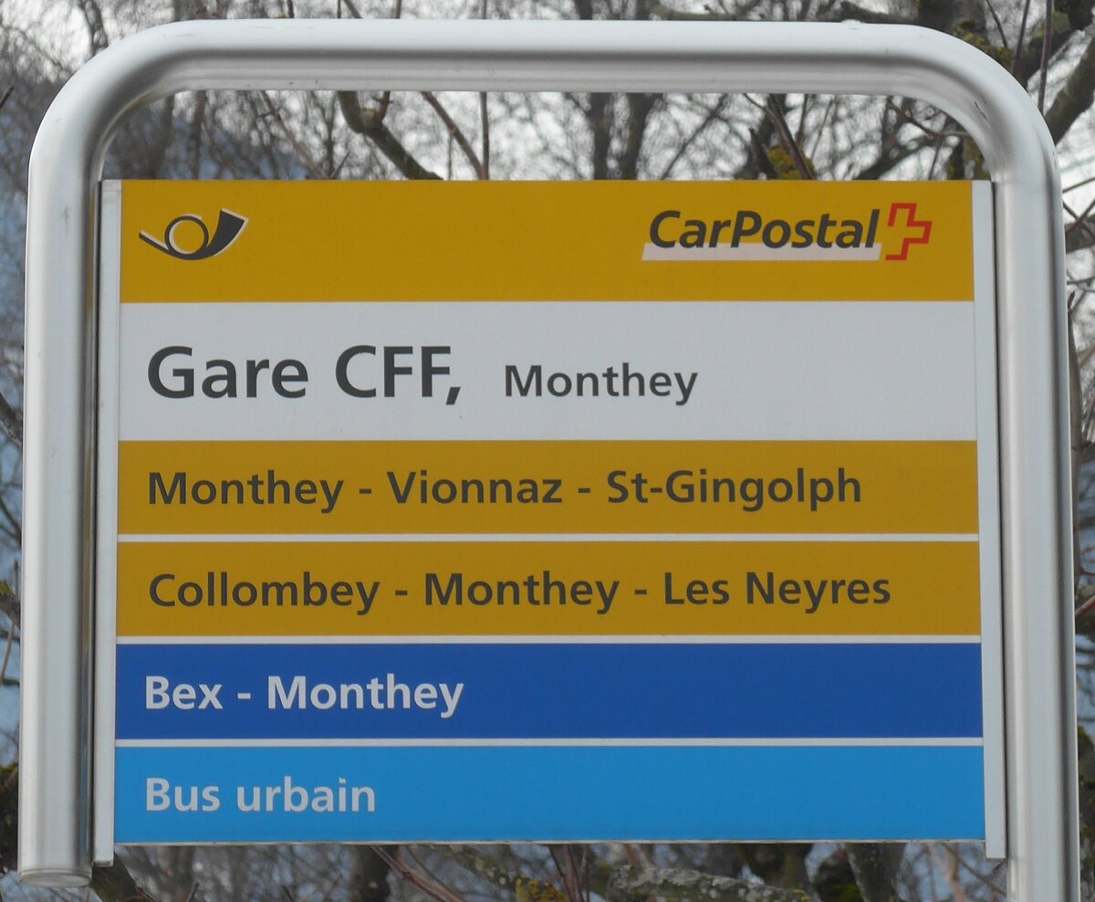 (158'149) - PostAuto/Bus urbain-Haltestellenschild - Monthey, Gare CFF - am 2. Januar 2015