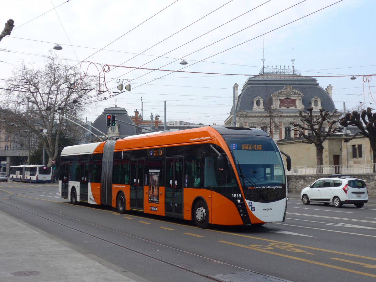 (159'144) - TPG Genve - Nr. 1615 - Van Hool Gelenktrolleybus am 14. Mrz 2015 in Genve, Place des Vingt-Deux-Cantons