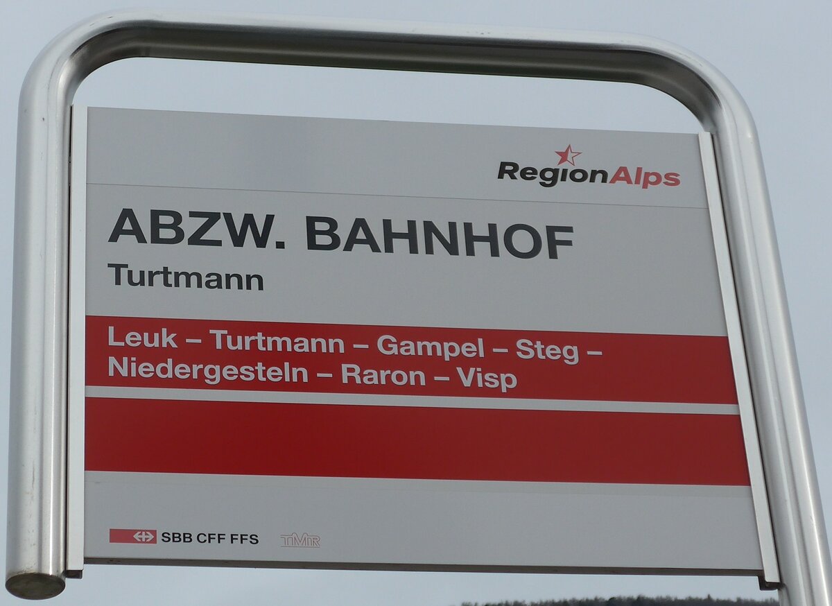 (159'578) - RegionAlps/SBB CFF FFS/TMR-Haltestellenschild - Turtmann, Abzw. Bahnhof - am 2. April 2015 -