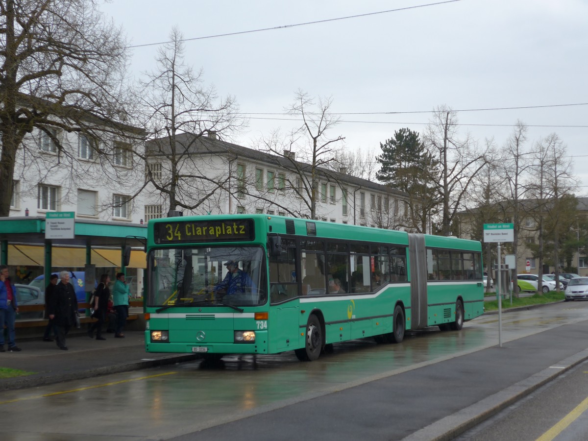 (159'781) - BVB Basel - Nr. 734/BS 3234 - Mercedes (ex VAG Freiburg/D Nr. 933) am 11. April 2015 in Riehen, Friedhof am Hrnli