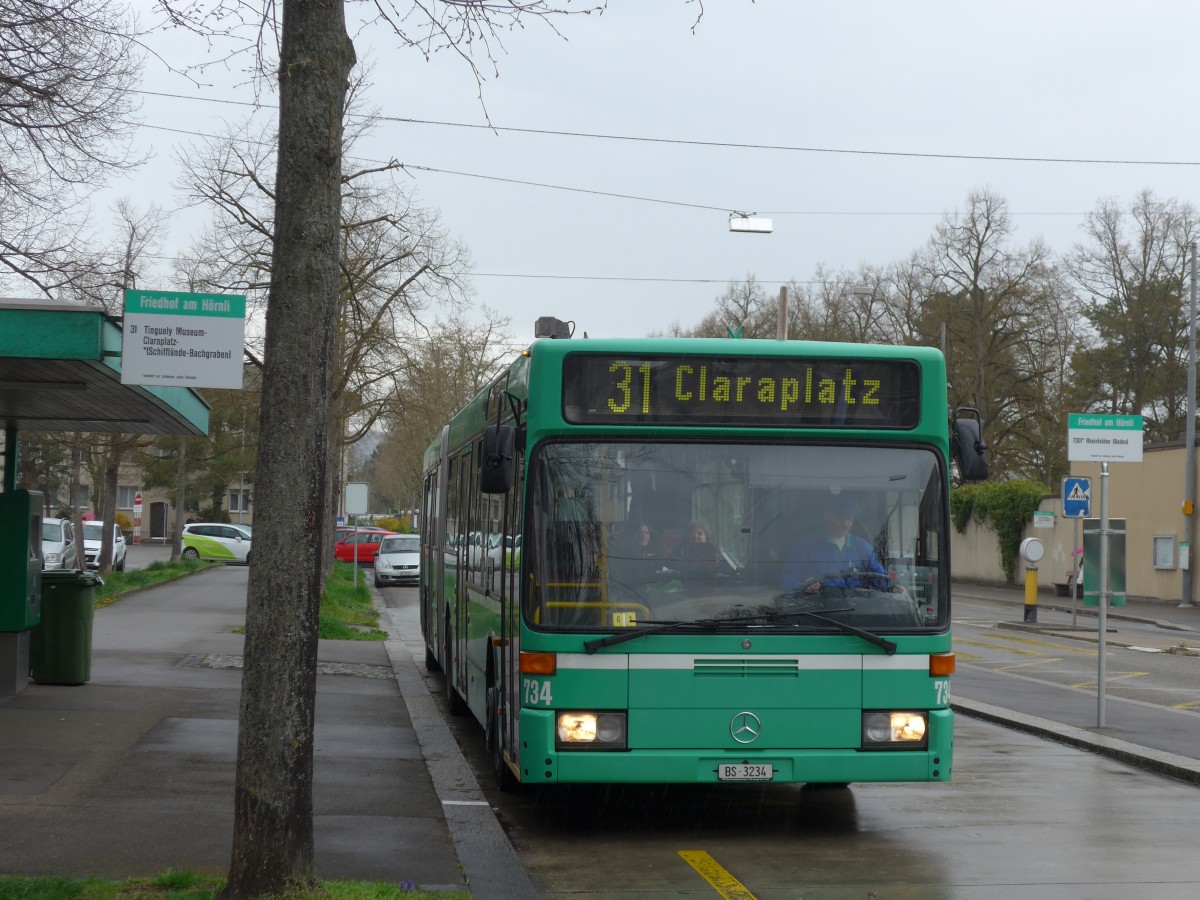 (159'782) - BVB Basel - Nr. 734/BS 3234 - Mercedes (ex VAG Freiburg/D Nr. 933) am 11. April 2015 in Riehen, Friedhof am Hrnli