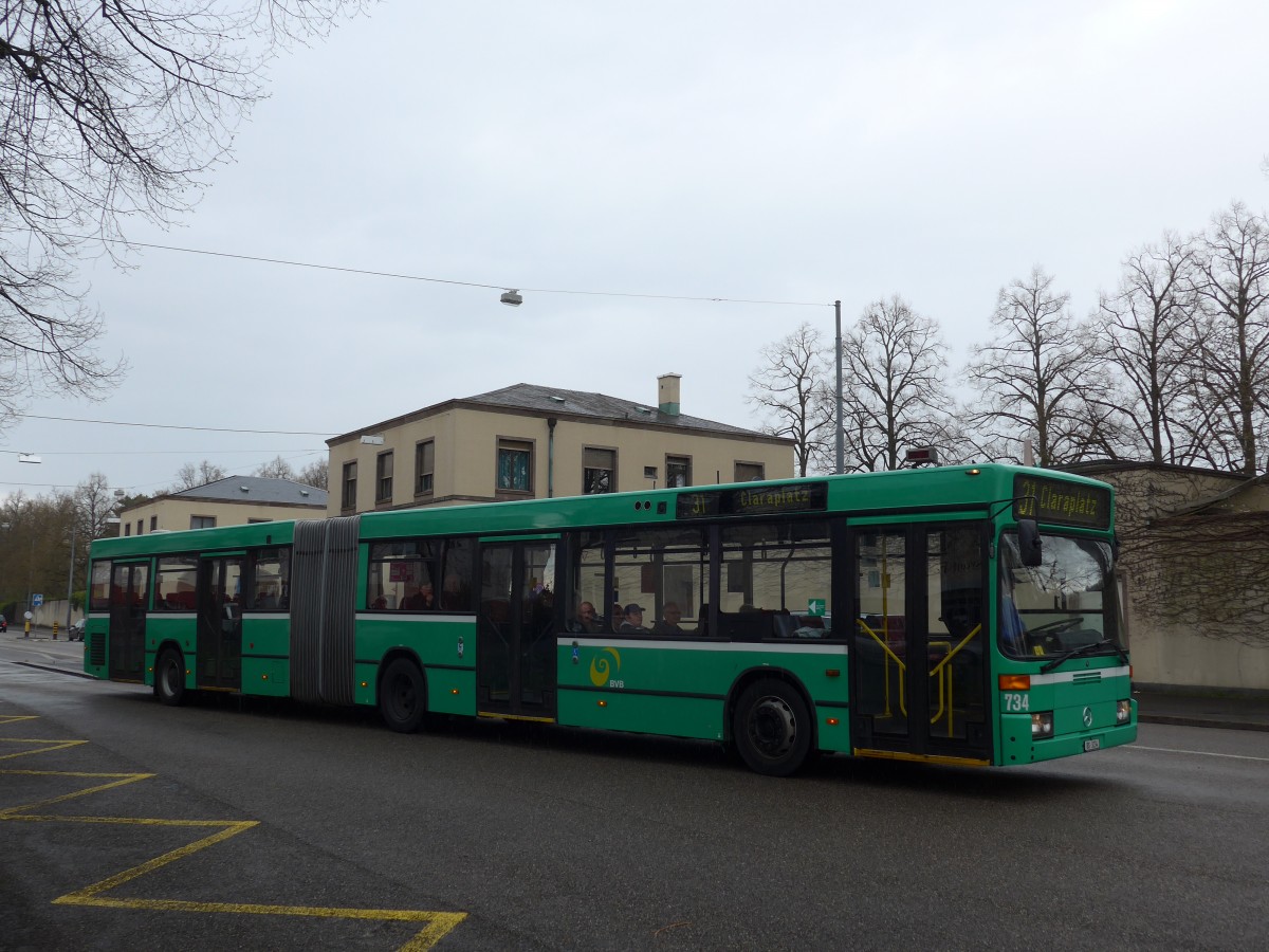 (159'783) - BVB Basel - Nr. 734/BS 3234 - Mercedes (ex VAG Freiburg/D Nr. 933) am 11. April 2015 in Riehen, Friedhof am Hrnli