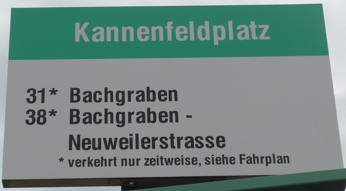 (159'824) - BVB-Haltestellenschild - Basel, Kannenfeldplatz - am 11. April 2015