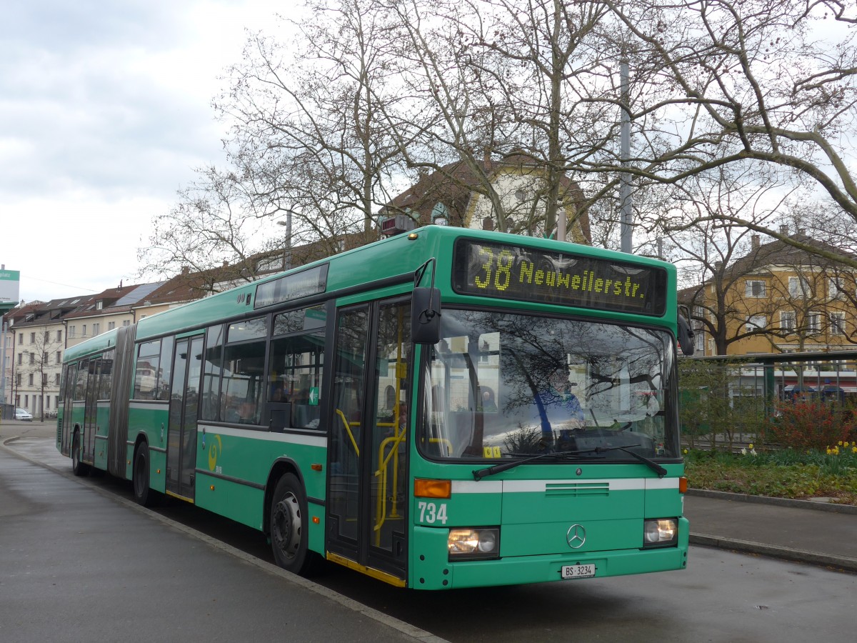 (159'825) - BVB Basel - Nr. 734/BS 3234 - Mercedes (ex VAG Freiburg/D Nr. 933) am 11. April 2015 in Basel, Kannenfeldplatz