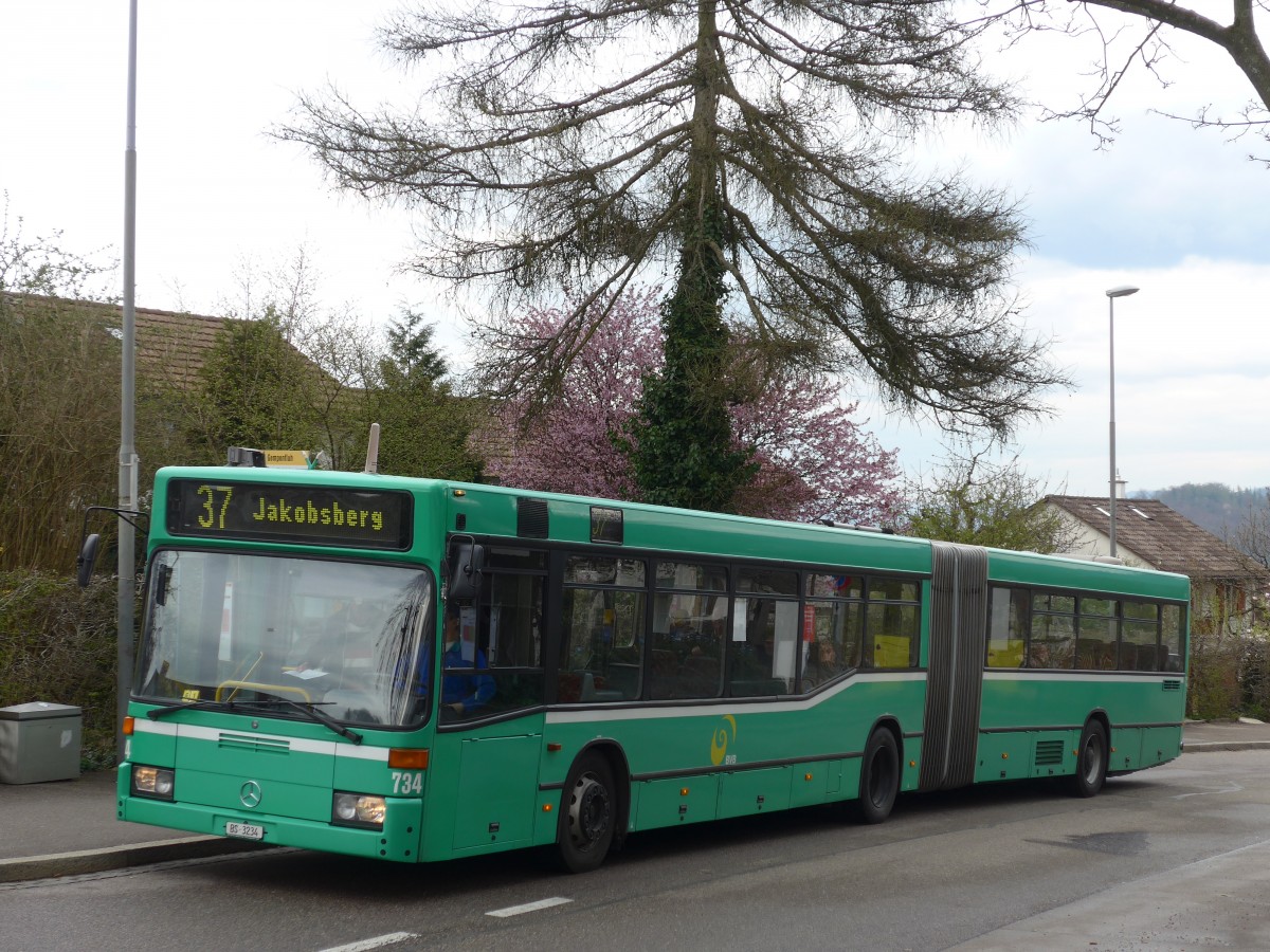 (159'848) - BVB Basel - Nr. 734/BS 3234 - Mercedes (ex VAG Freiburg/D Nr. 933) am 11. April 2015 in Gempen, Gempenfluh