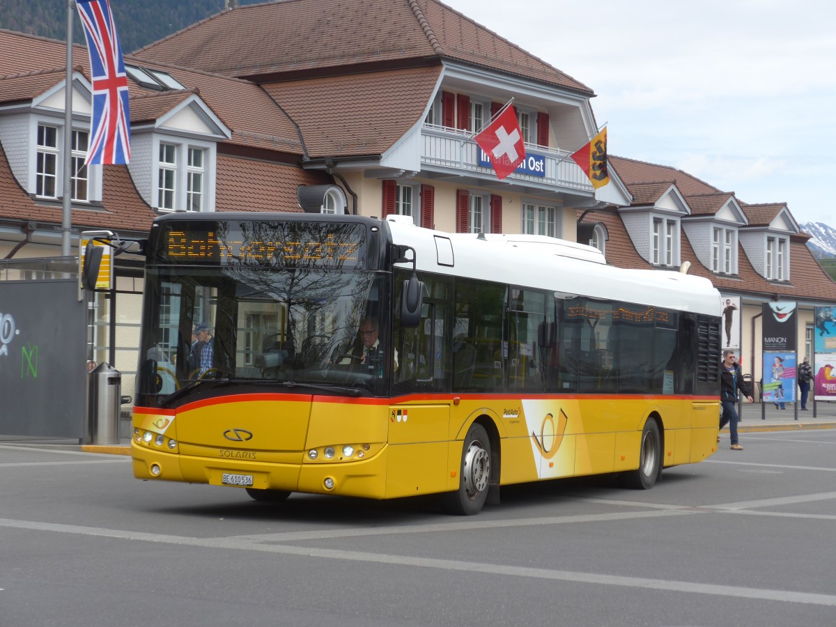 (160'067) - PostAuto Bern - BE 610'536 - Solaris am 26. April 2015 beim Bahnhof Interlaken Ost