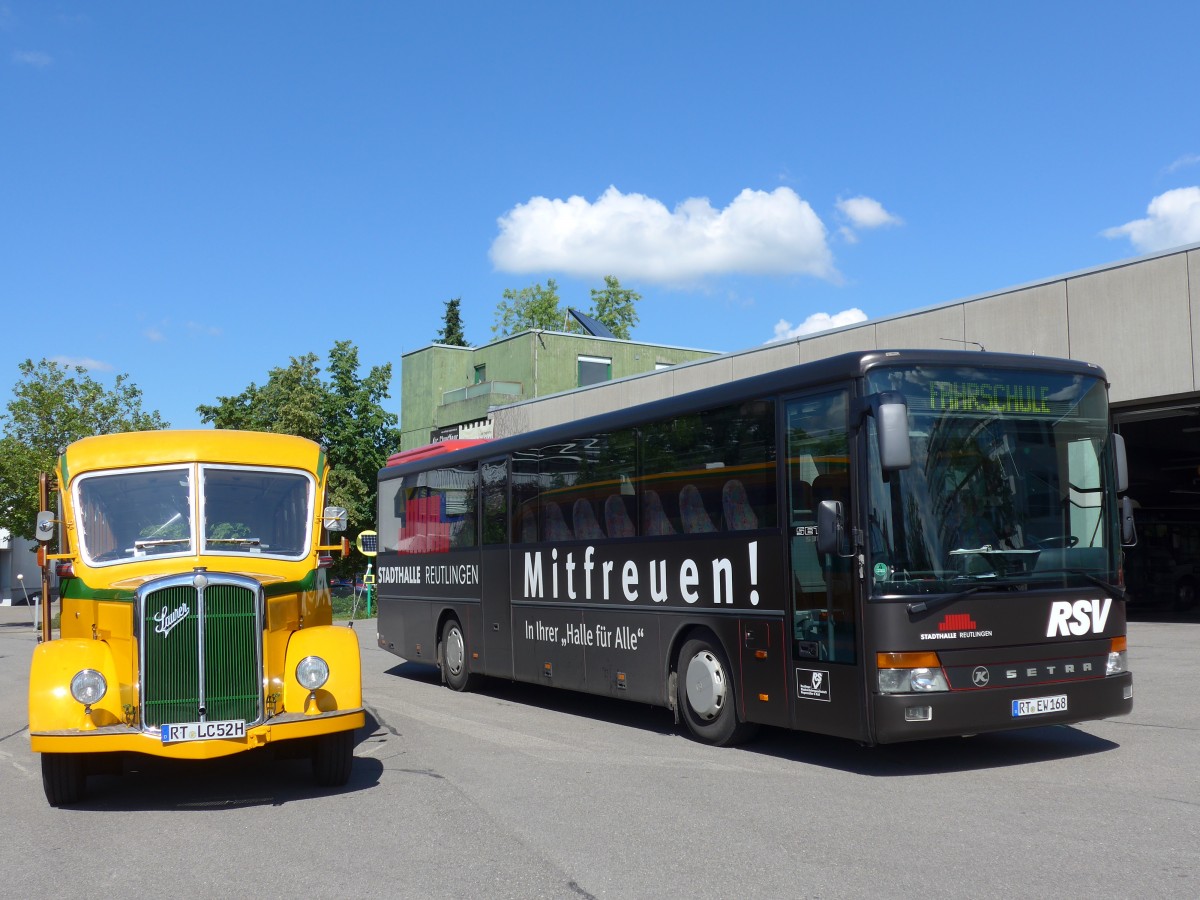 (162'548) - Hogenmller, Reutlingen - RT-LC 52H - Saurer/R&J (ex AvH Heimenschwand Nr. 1) + RSV Reutlingen - RT-EW 168 - Setra (ex AFA Adelboden Nr. 24; ex AFA Adelboden Nr. 11) am 24. Juni 2015 in Reutlingen, Betriebshof