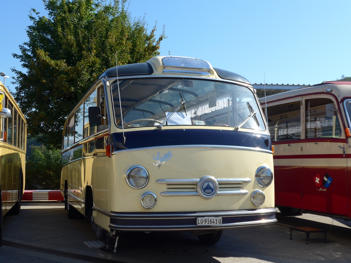 (163'937) - Hodel, Grosswangen - LU 91'641 U - Saurer/Saurer (ex Peter, Luthern Bad; ex Hobi, Ganterschwil; ex Brunner, Sargans) am 29. August 2015 in Oberkirch, CAMPUS Sursee