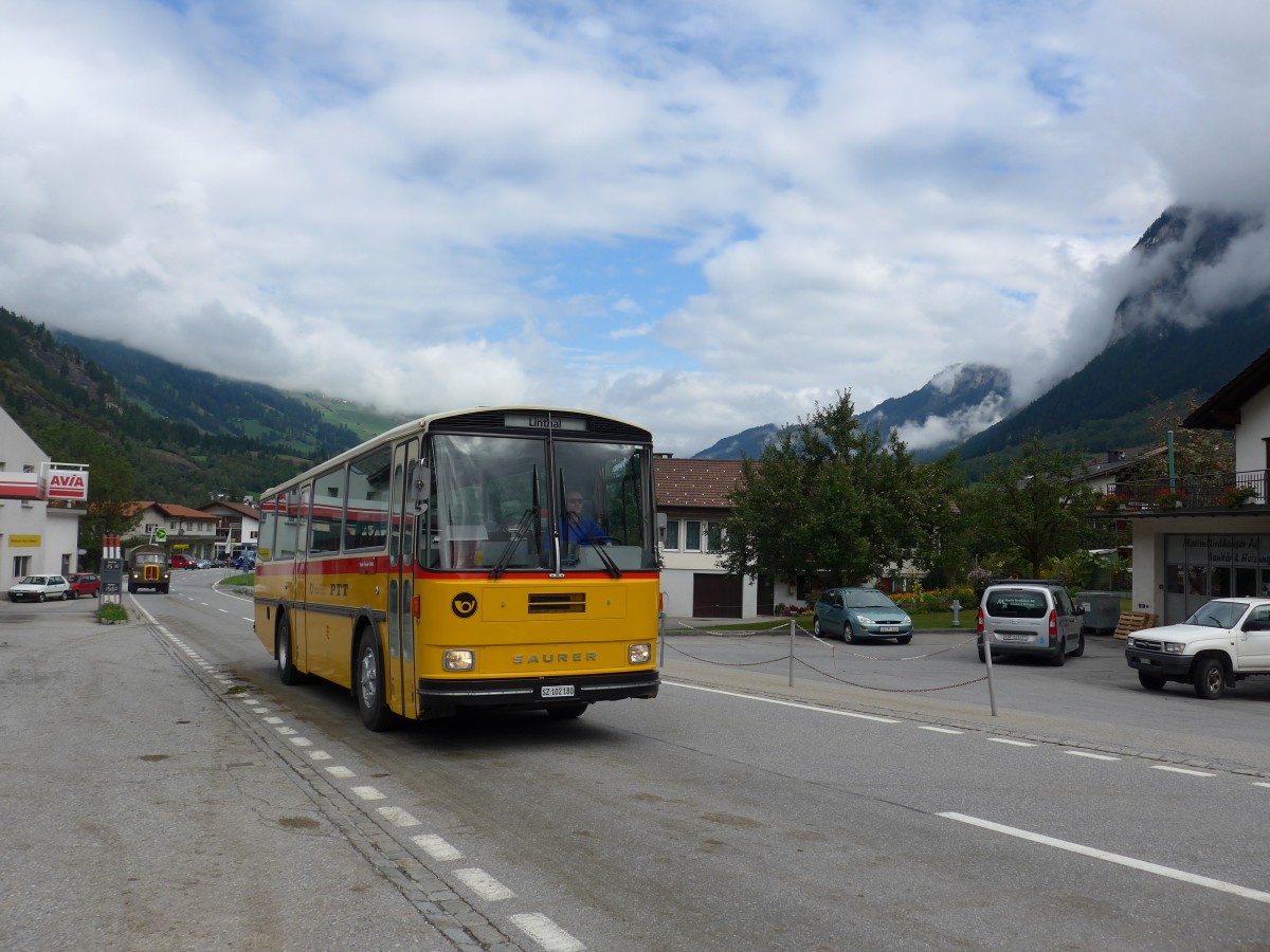 (165'350) - Inkamp, Altendorf - SZ 102'180 - Saurer/Tscher (ex Koch, Giswil; ex Selfors, Meiringen; ex P 24'236) am 19. September 2015 in Andeer, Tgavugl