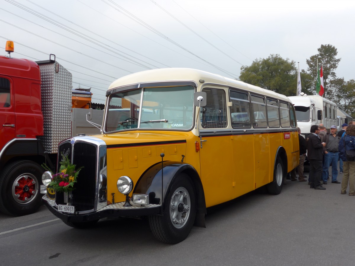 (166'068) - Blchlinger, Endingen - AG 69'937 - Saurer/Tscher (ex Dubach, Walde; ex Spescha, Andiast) am 10. Oktober 2015 in Schnis, Bicoareal