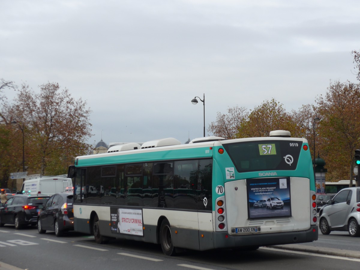 (166'839) - RATP Paris - Nr. 9519/AW 200 XN - Scania am 16. November 2015 in Paris, Gare d'Austerlitz