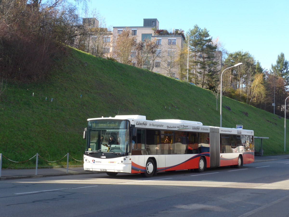 (167'415) - RVBW Wettingen - Nr. 143/AG 18'672 - Scania/Hess am 19. November 2015 beim Bahnhof Killwangen-Spreitenbach