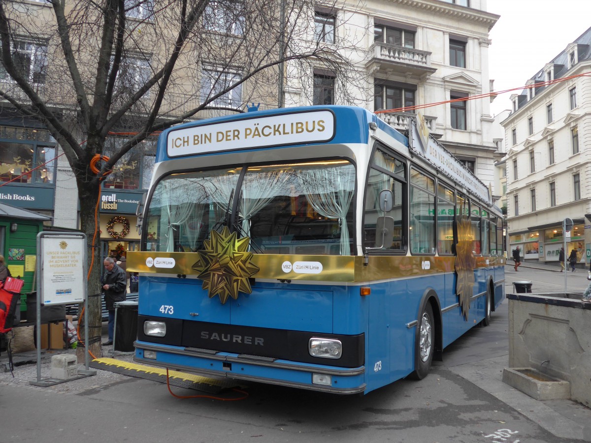 (167'670) - VBZ Zrich - Nr. 473 - Saurer/R&J Pcklibus (ex Nr. 9017; ex Nr. 263) am 5. Dezember 2015 in Zrich, Bahnhofstrasse