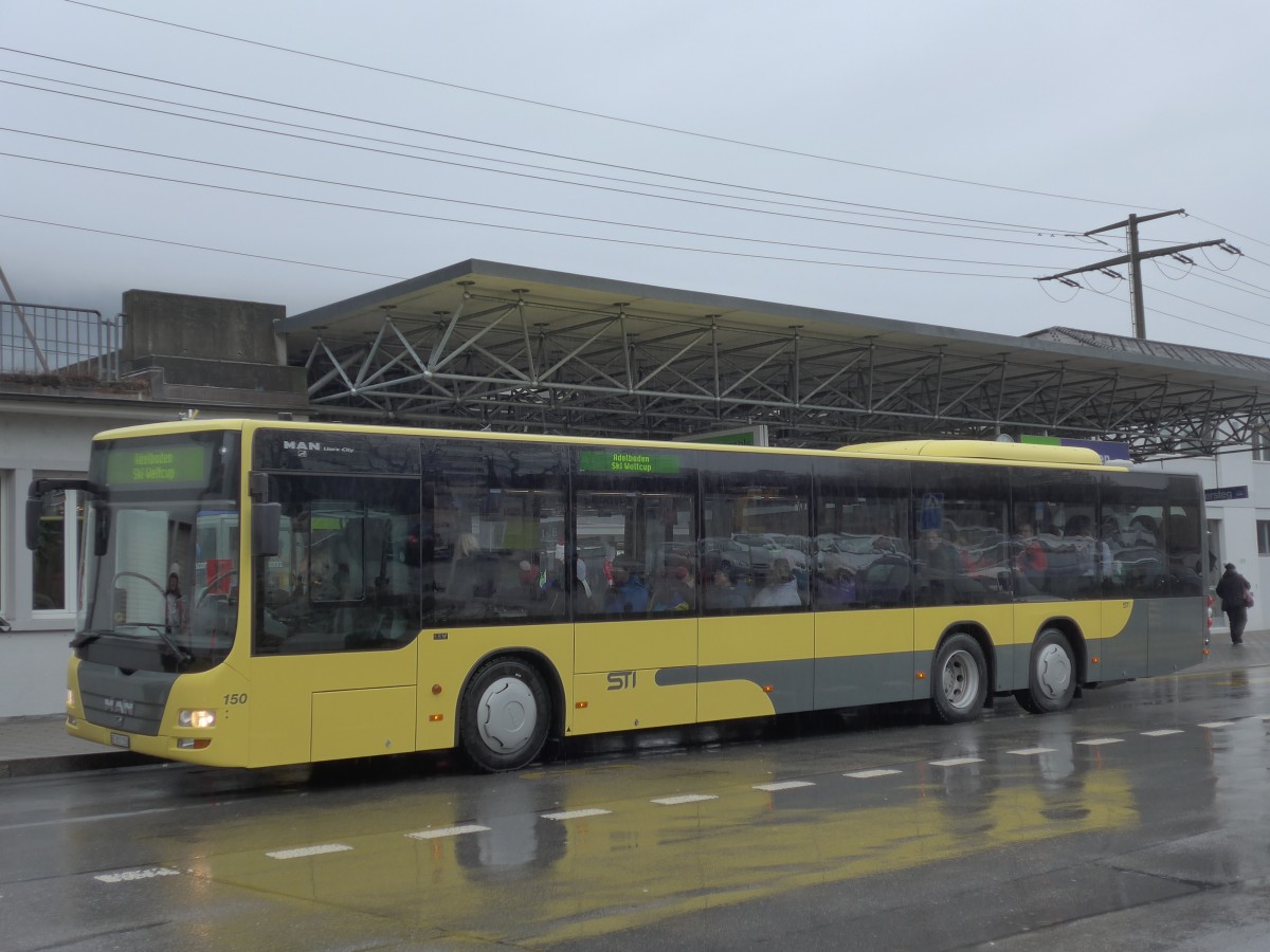 (168'334) - STI Thun - Nr. 150/BE 801'150 - MAN am 9. Januar 2016 beim Bahnhof Frutigen