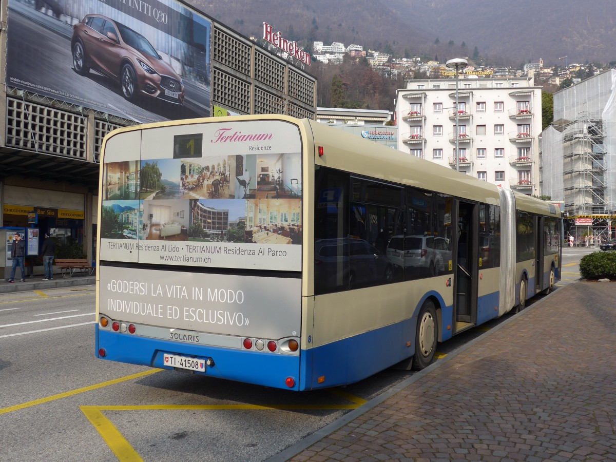 (168'634) - FART Locarno - Nr. 8/TI 41'508 - Solaris am 6. Februar 2016 beim Bahnhof Locarno