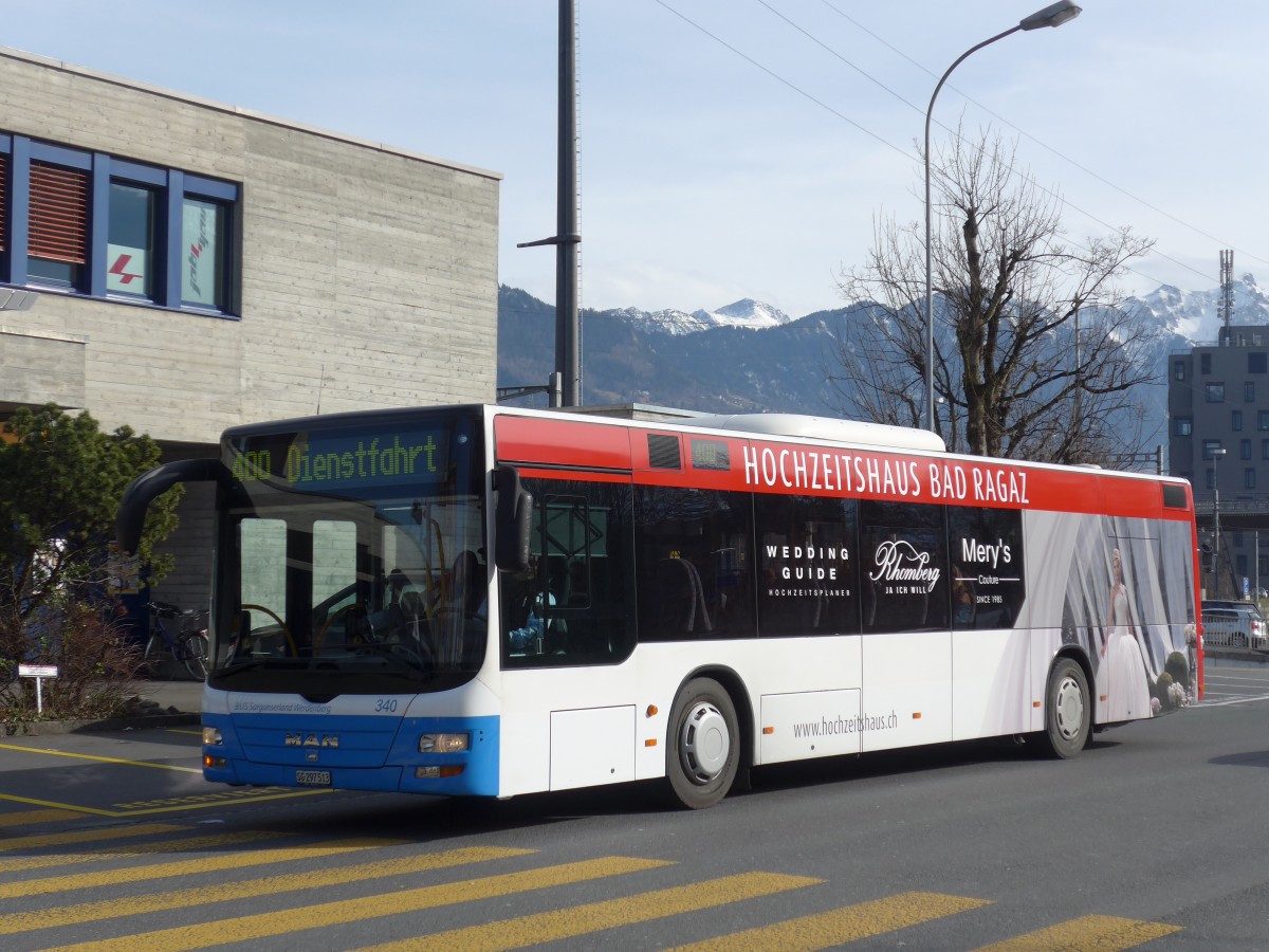 (168'988) - BSW Sargans - Nr. 340/SG 297'513 - MAN am 27. Februar 2016 beim Bahnhof Buchs