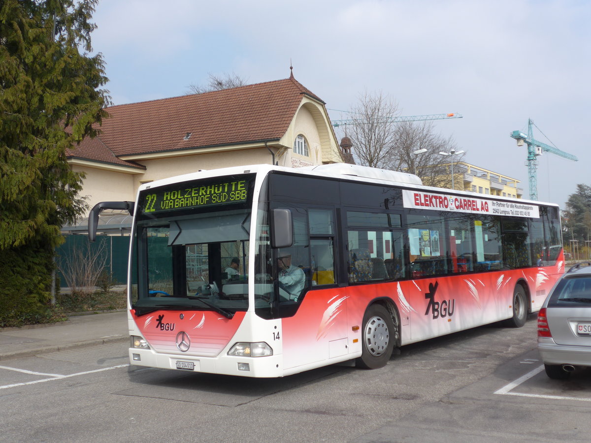 (169'393) - BGU Grenchen - Nr. 14/SO 104'010 - Mercedes am 21. Mrz 2016 beim Bahnhof Grenchen Sd