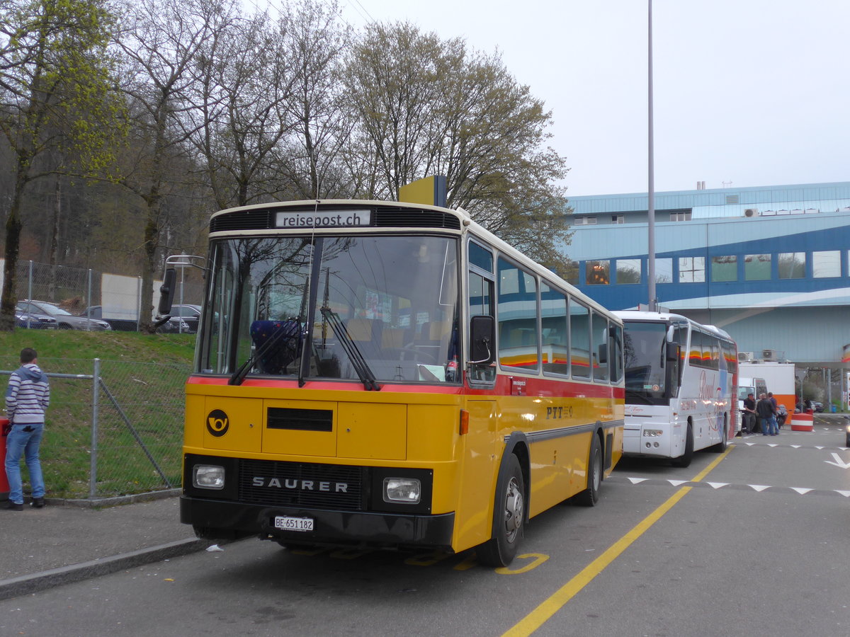 (169'717) - Bernair, Mnsingen - BE 651'182 - Saurer/Tscher (ex Schebath, Lauerz; ex Albin, Fllanden; ex Heim, Flums) am 2. April 2016 in Wrenlos, Raststtte