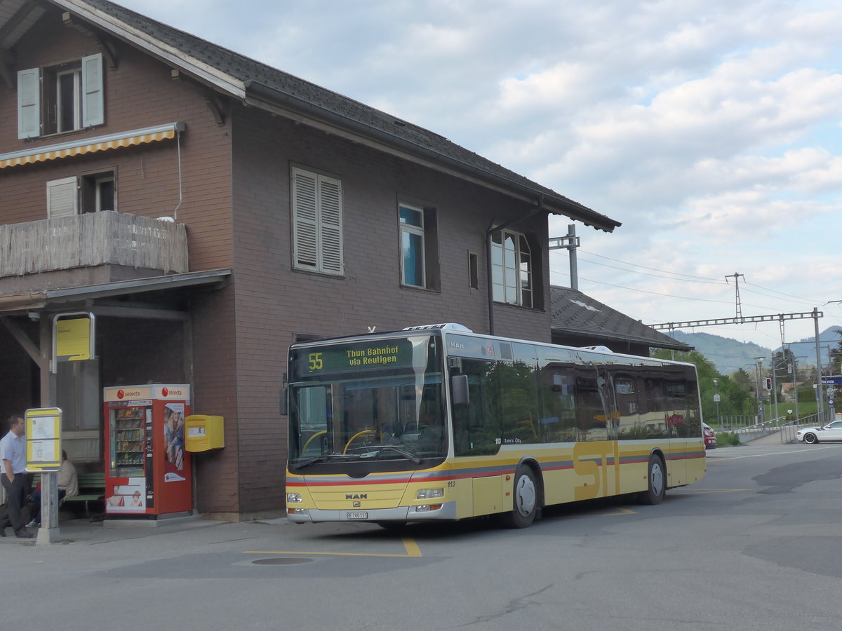 (170'396) - STI Thun - Nr. 113/BE 700'113 - MAN am 7. Mai 2016 beim Bahnhof Wimmis