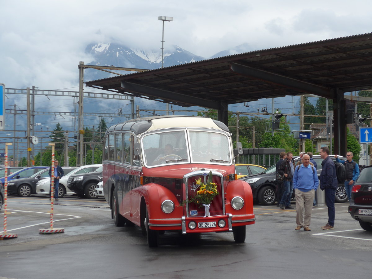 (171'759) - Gafner, Gwatt - Nr. 9/BE 26'724 - Saurer/R&J (ex ASKA Aeschi Nr. 9) am 12. Juni 2016 beim Bahnhof Thun