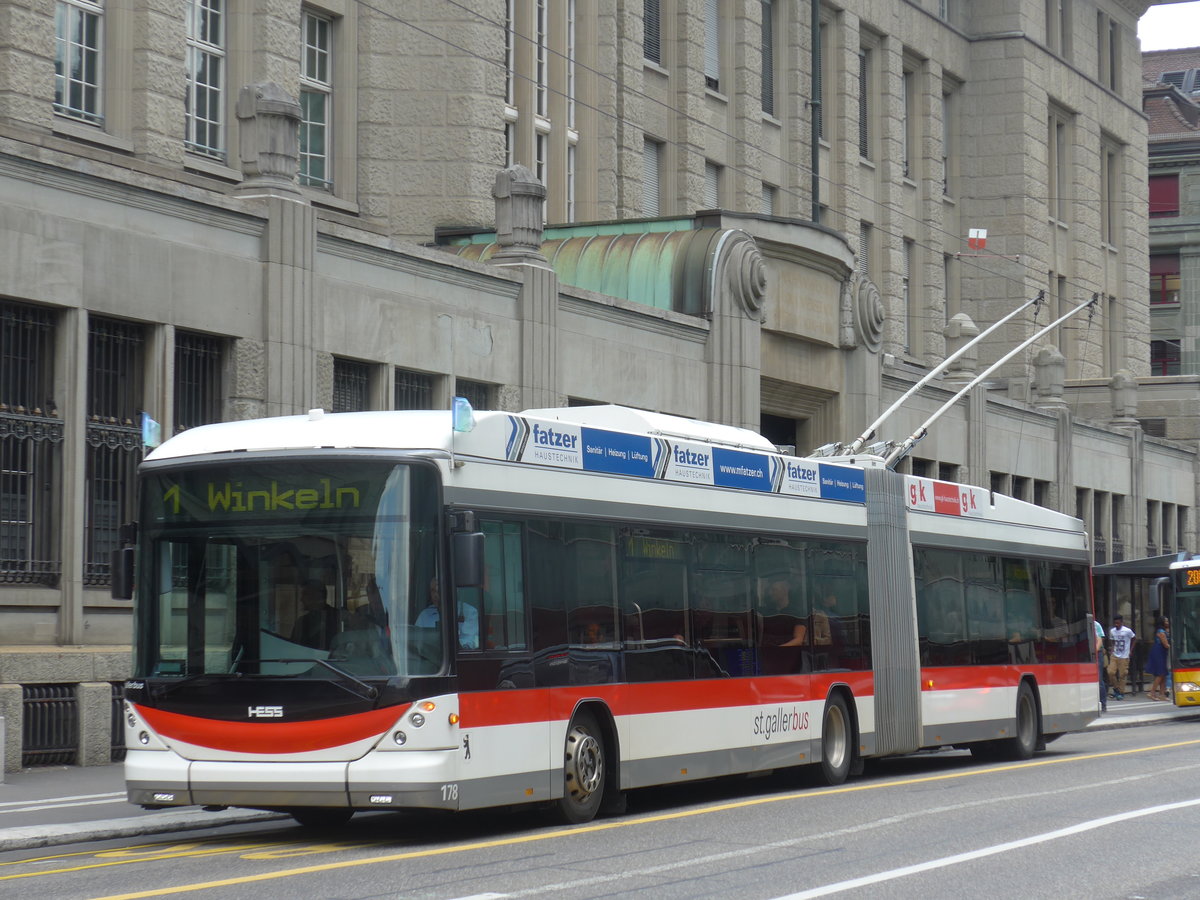 (172'629) - St. Gallerbus, St. Gallen - Nr. 178 - Hess/Hess Gelenktrolleybus am 27. Juni 2016 beim Bahnhof St. Gallen (prov. Haltestelle)