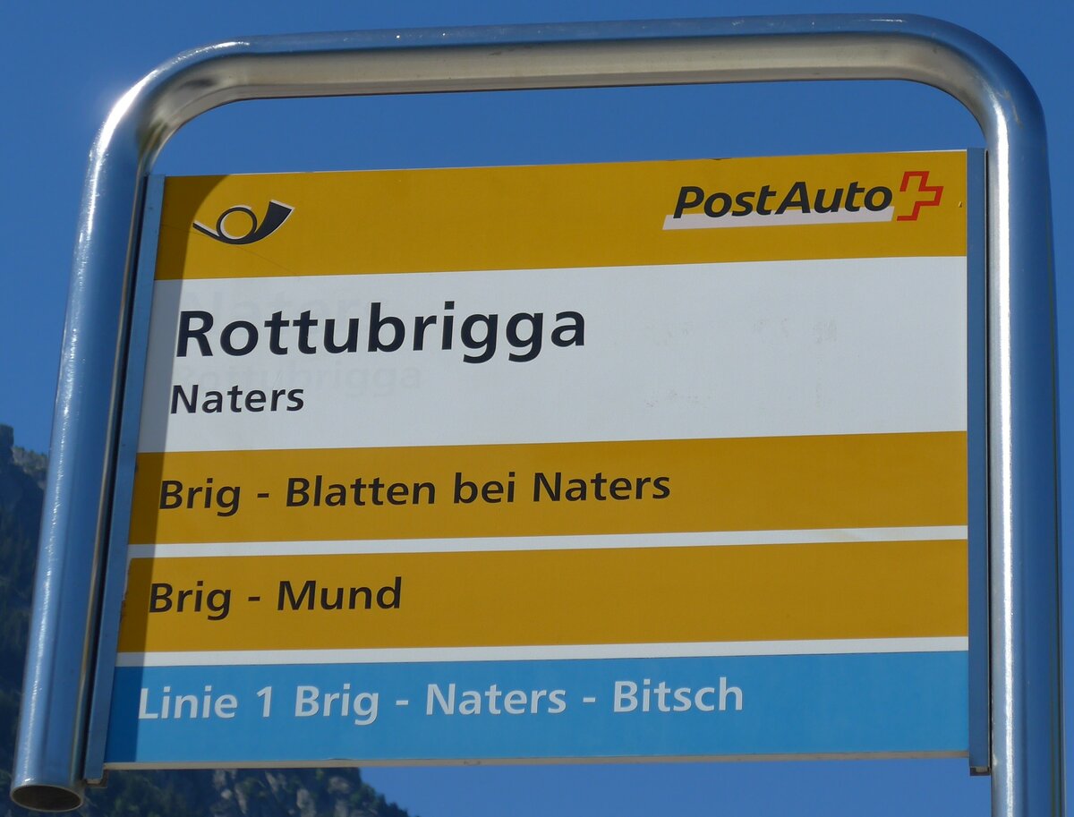 (173'685) - PostAuto/ORtSBUS-Haltestellenschild - Naters, Rottubrigga - am 7. August 2016