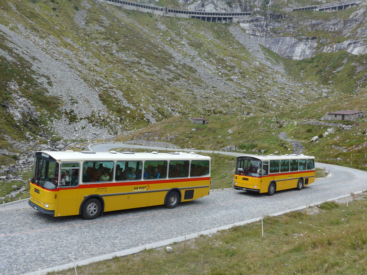 (174'997) - AVG Meiringen - Nr. 74/BE 607'481 - Saurer/R&J (ex P 24'357) + Mark, Andeer - GR 1866 - Saurer/R&J (ex PostAuto Graubnden; ex P 24'350) am 18. September 2016 am Gotthard, Alte Tremolastrasse